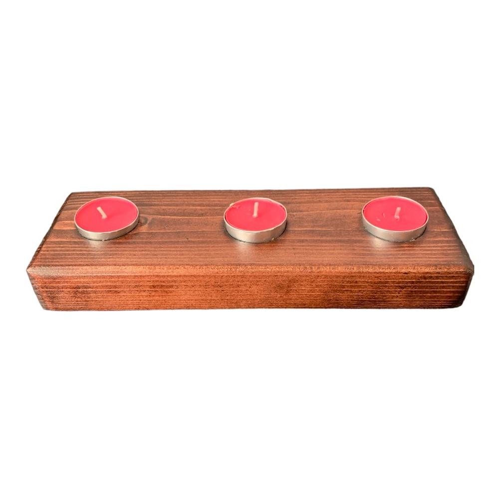 USA Handmade Wooden 3 Tea Light Candle Holder Rustic Cabin Decor Mahogany Stain